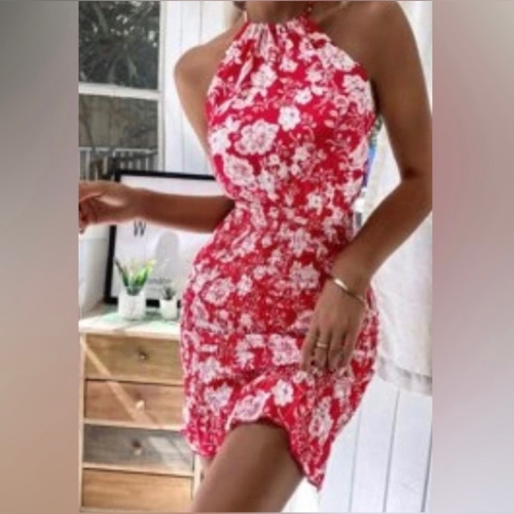 Red & White Floral Print Backless Shirred Dress XS NEW